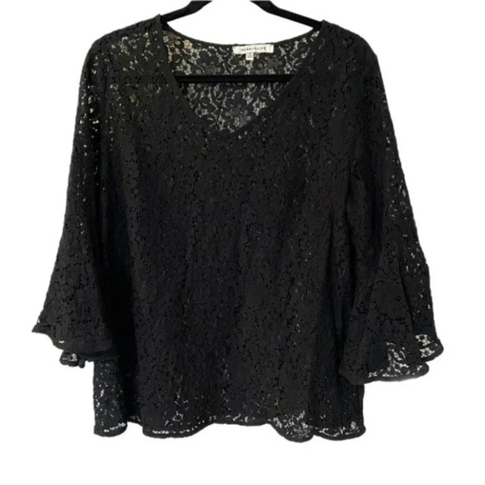 Rose & Olive Black Lace Blouse V-neck 3/4 Bell sleeve Whimsigoth Vampy Size‎ 1X